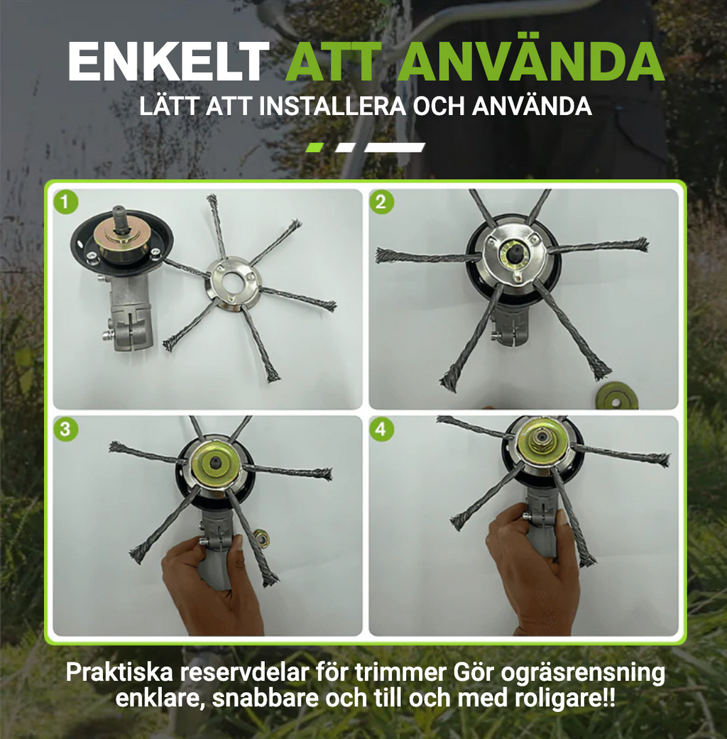 Universellt stålborsthuvud för effektiv trimning av trädgården
