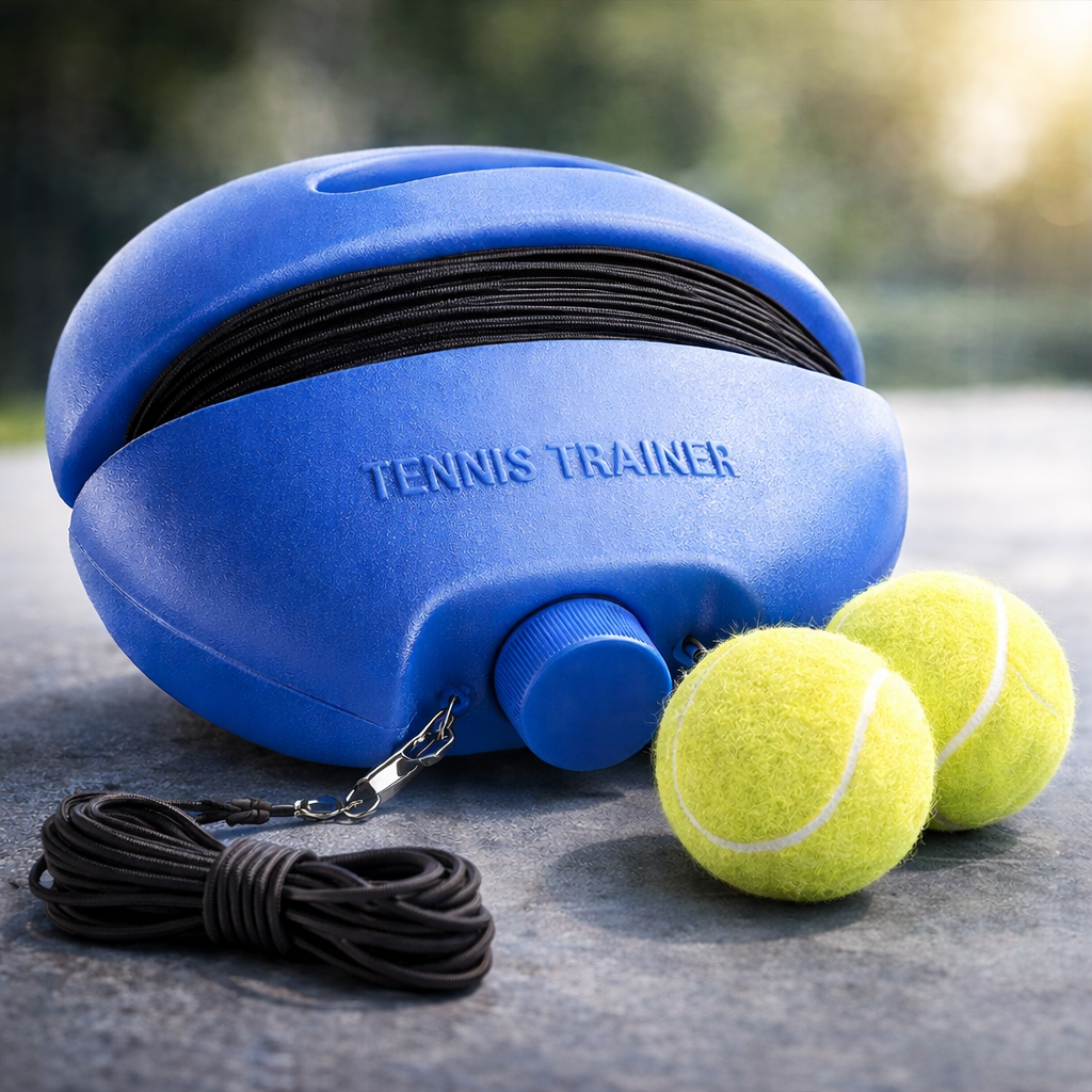 Portable tennis trainer with rebound ball