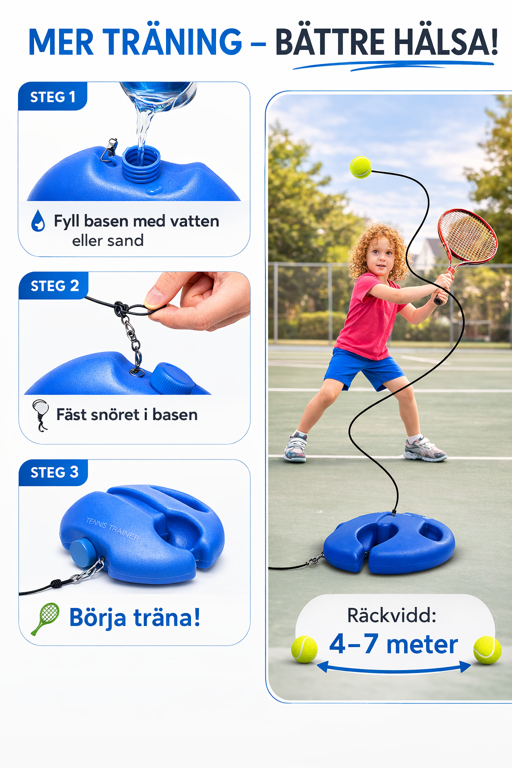 Portable tennis trainer with rebound ball