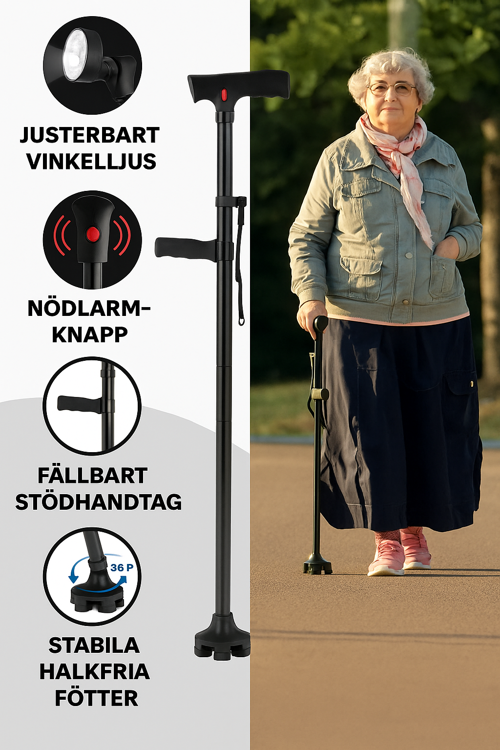 Anti-Fall Support Cane | With LED light, alarm, dual handle & non-slip tip