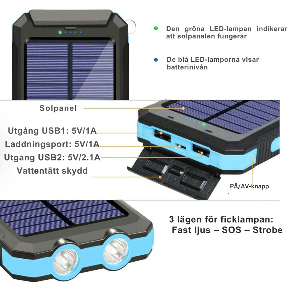 Solcells-Powerbank med dubbel laddning (USB och solcell)