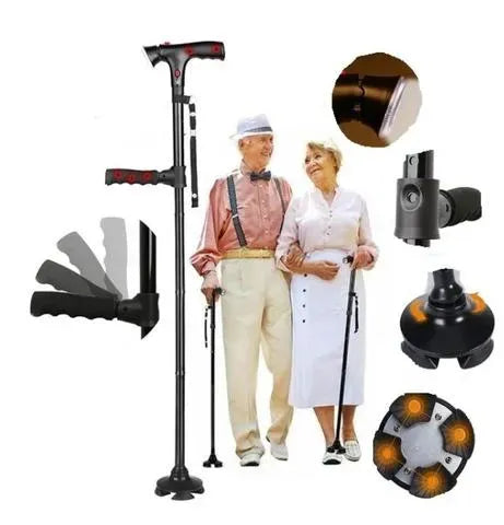 Anti-Fall Support Cane | With LED light, alarm, dual handle & non-slip tip
