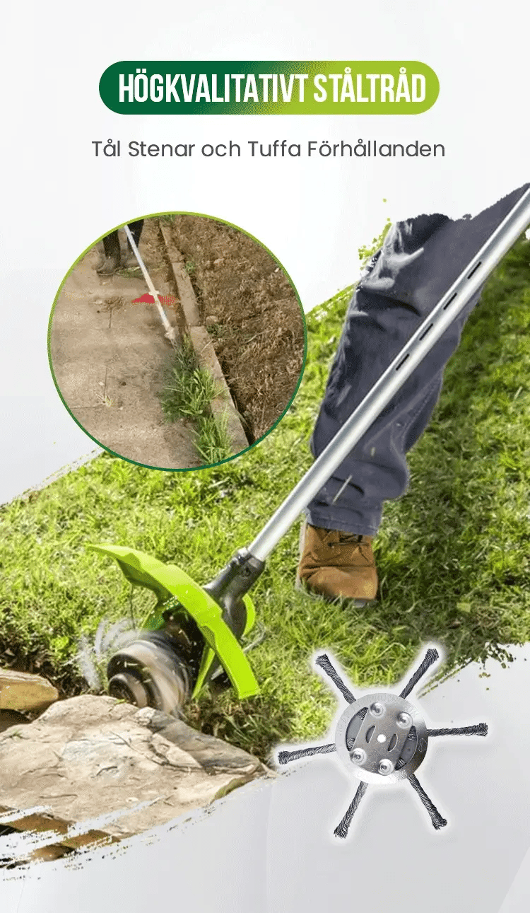Universellt stålborsthuvud för effektiv trimning av trädgården